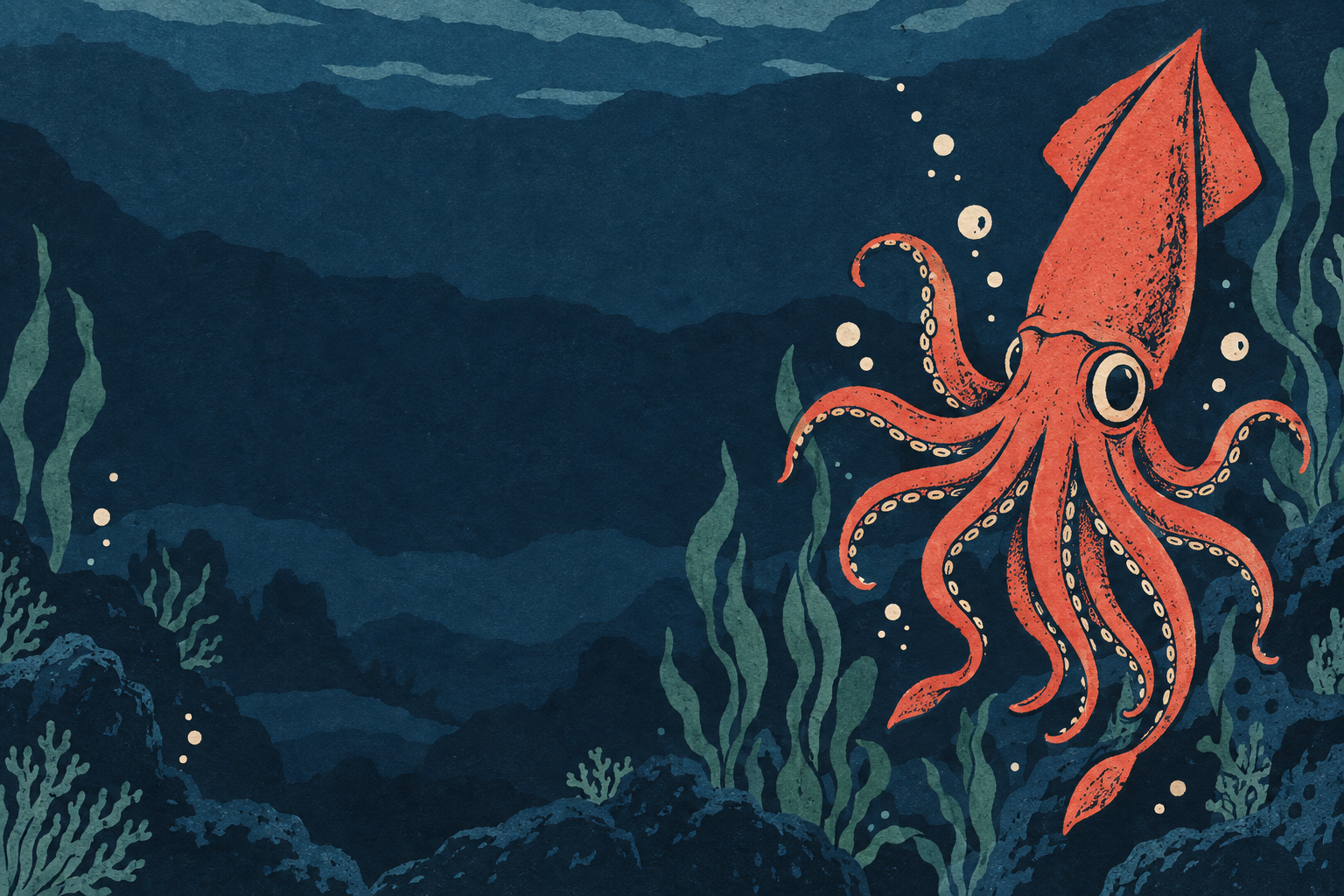 Coral-red squid drifting through a layered cut-paper ocean with kelp and rising bubbles.